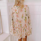 Sweet Ruffled Double V-Neck Printed Loose Mini Dress