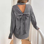 Women's Autumn Winter Elegant Women Striped Printed Back Bow Front Button Long Sleeve Shirt
