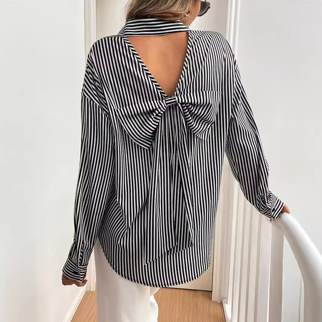 Women's Autumn Winter Elegant Women Striped Printed Back Bow Front Button Long Sleeve Shirt