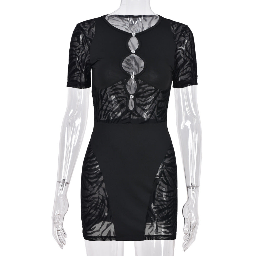 Summer Sexy Hollow Out Cutout See-through Short Sleeve Dress for Women