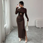 Women's Long Sleeve Split Slim-Fit Midi Dress