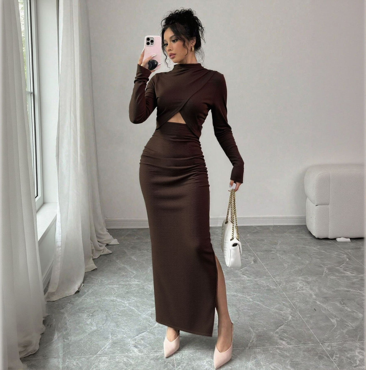 Women's Long Sleeve Split Slim-Fit Midi Dress