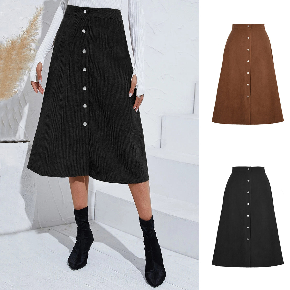 Boutique Corduroy Single Breasted High Waist Autumn Skirt