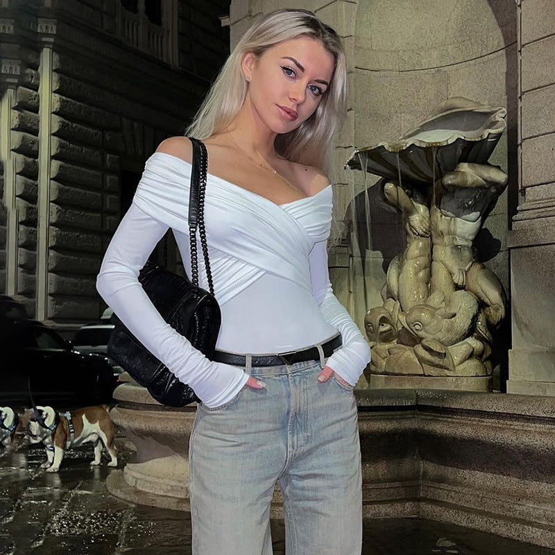 V Neck Off Shoulder Long Sleeve Jumpsuit