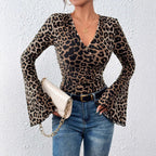 Leopard Layered V-Neck Bell Sleeve Knit Top