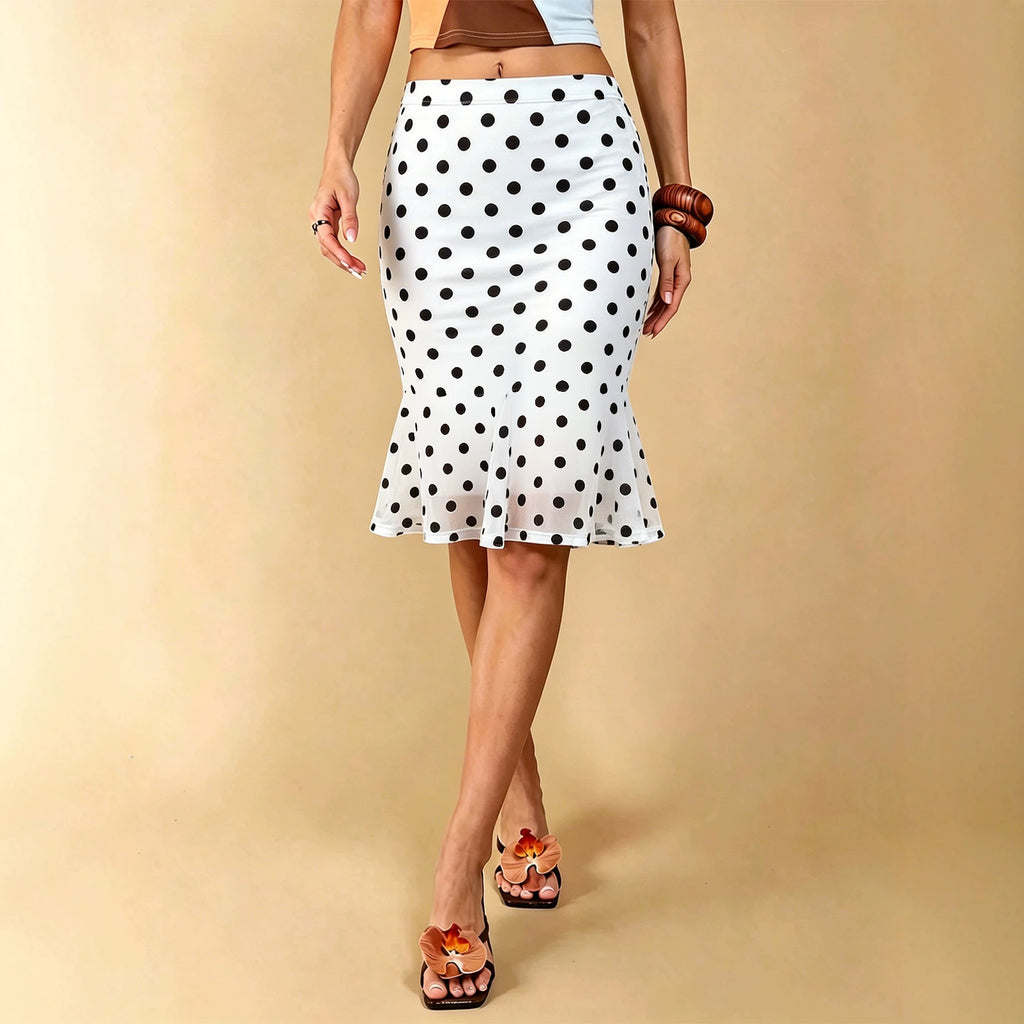 Summer Dot Mesh Fishtail Skirt Retro Ruffled Waist Tight