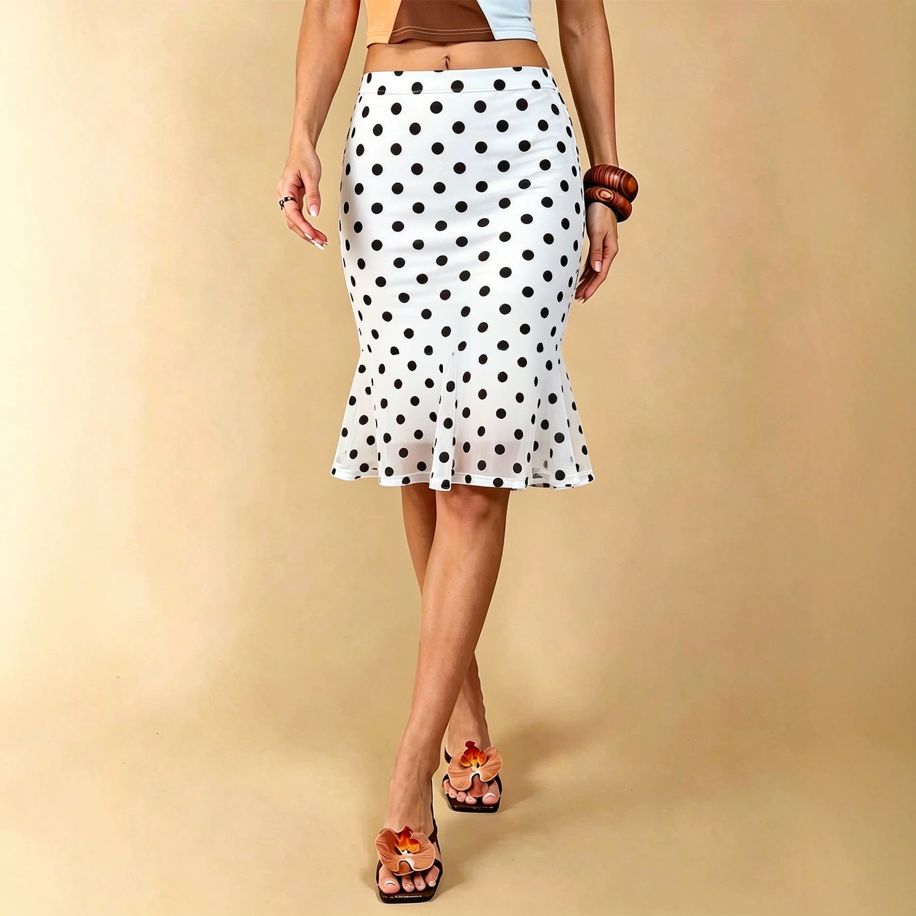 Summer Dot Mesh Fishtail Skirt Retro Ruffled Waist Tight