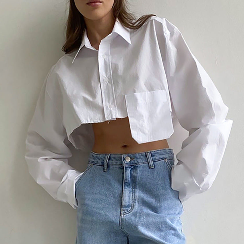 Women's Autumn Cropped Asymmetric Stitching Casual Dignified Sense Of Design Short Model In White Color Shirt Women Clothing
