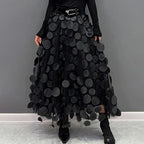 Three Dimensional Decoration Patch Stitching Mesh Women Midi Skirt With Lining