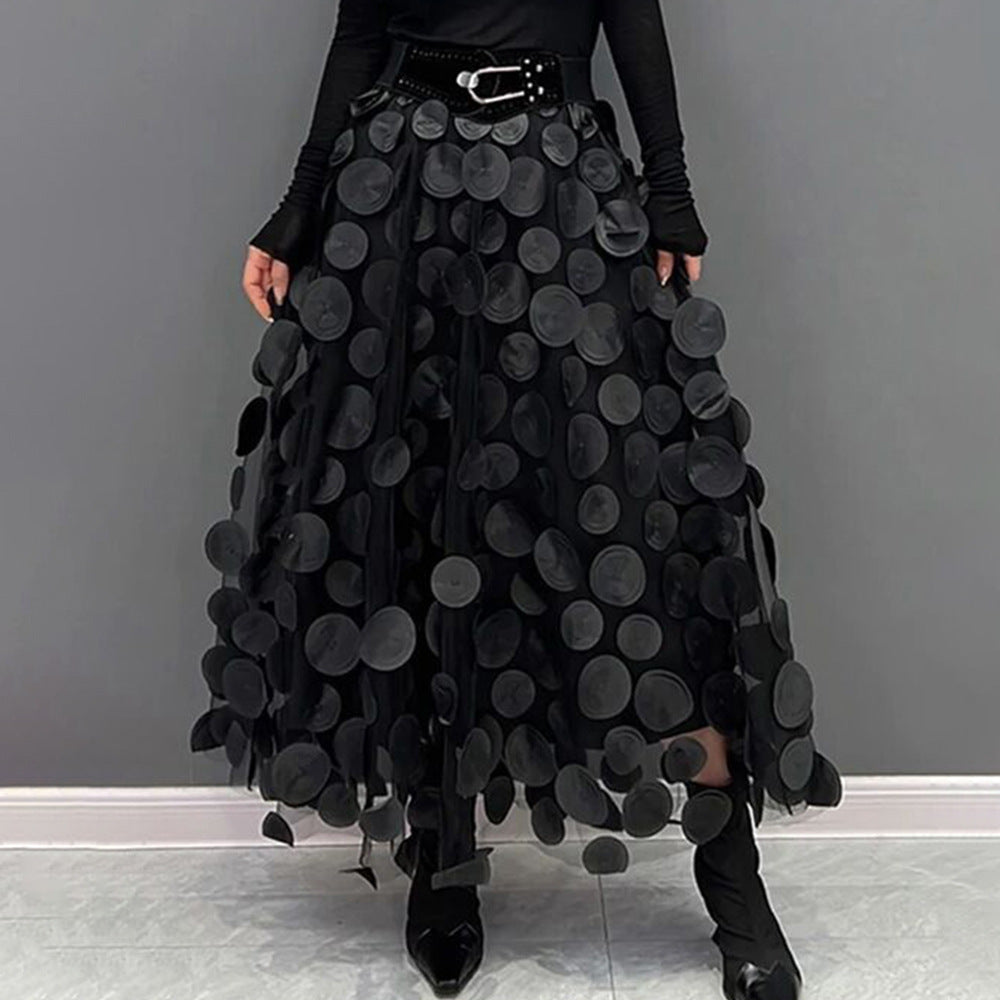Three Dimensional Decoration Patch Stitching Mesh Women Midi Skirt With Lining