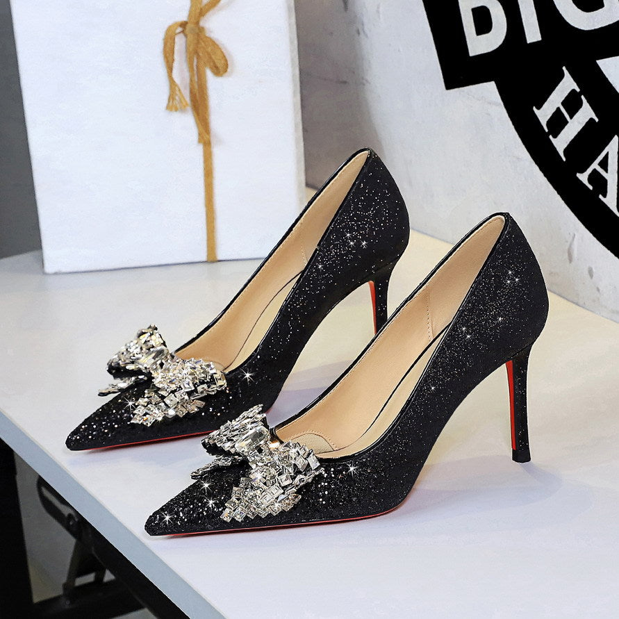 Women's Women's's Sequin Wedding Shoes Rhinestone Bow Engagement Shoes Bridesmaid Stiletto Heel High Heels