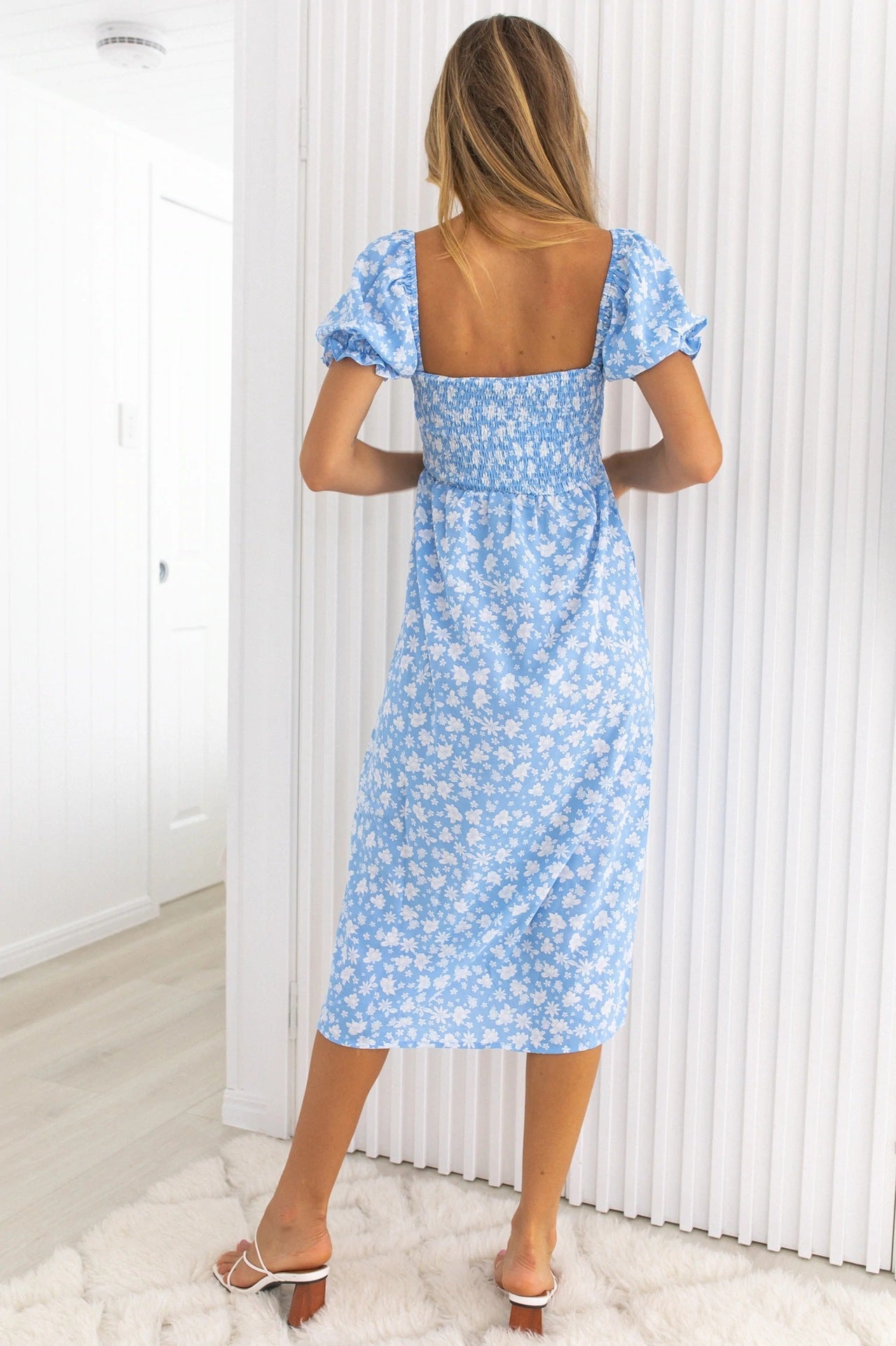 Women's Spring Summer Square Collar Floral Tight Waist Split Dress For Women