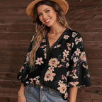 Women's Southeast Asia Summer Loose V Neck Office Bell Sleeve Lace Blouse Women Shirt