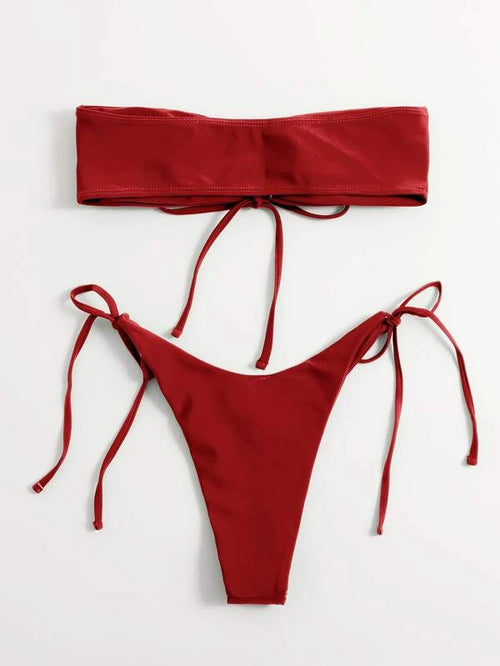 Bikini set in red with strapless bandeau top and high-rise string bikini bottoms