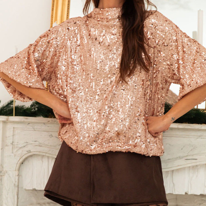 Glitter Half Turtleneck Back-Tie Top