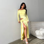 Cutout Off-Shoulder Long Sleeve Dress Slit