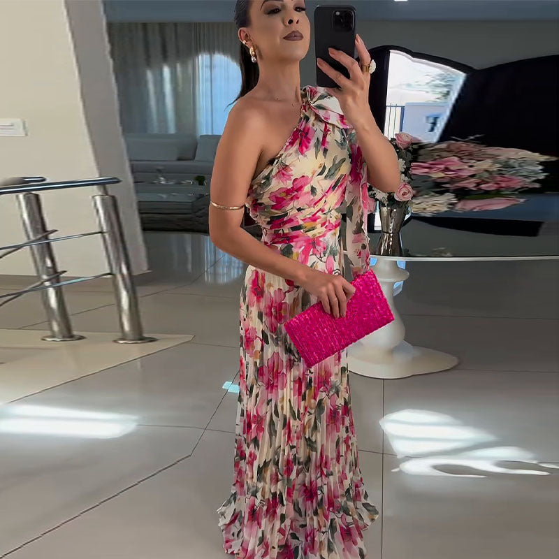 Autumn Popular Elegant Floral Off-Shoulder Folding Elegant Printed Dress