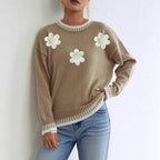 Autumn Winter Women Clothing Color Contrast Patchwork Pullover Loose Sweater Three Dimensional Floral Embroidery Beads Women Top