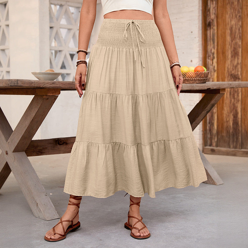 Women's Casual Elastic Waistband Solid Color Wide Hem Skirt
