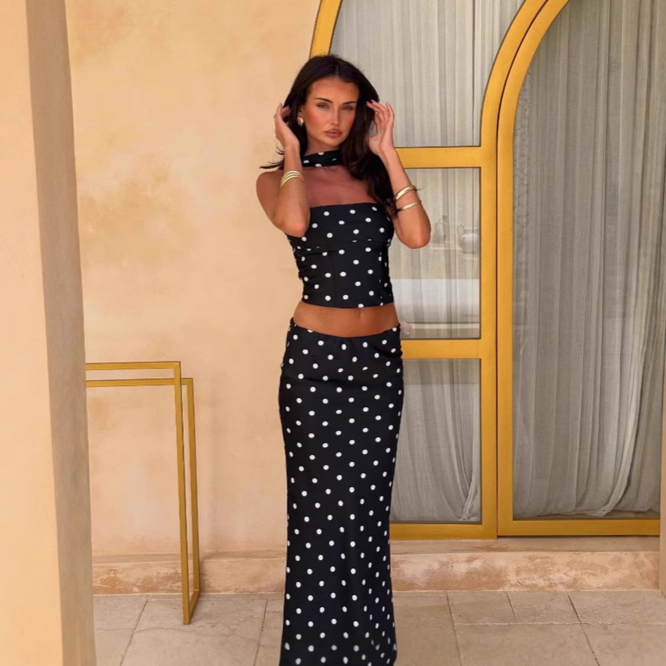 Elegant Polka Dot Print Cropped Strapless Vest Skirt Two Piece Set