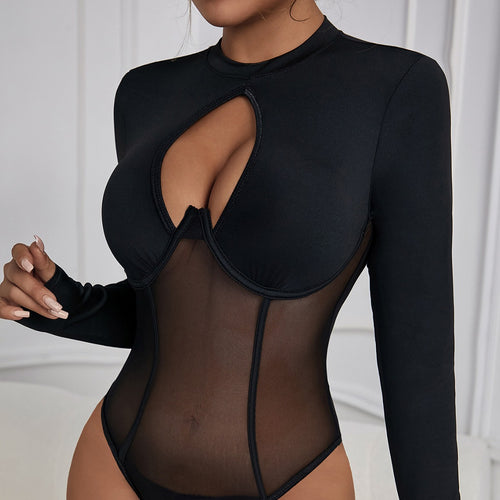 Backless Round Neck Hollow Out Cutout Sexy Mesh Slim Fit Patchwork Inner Push Up Jumpsuit