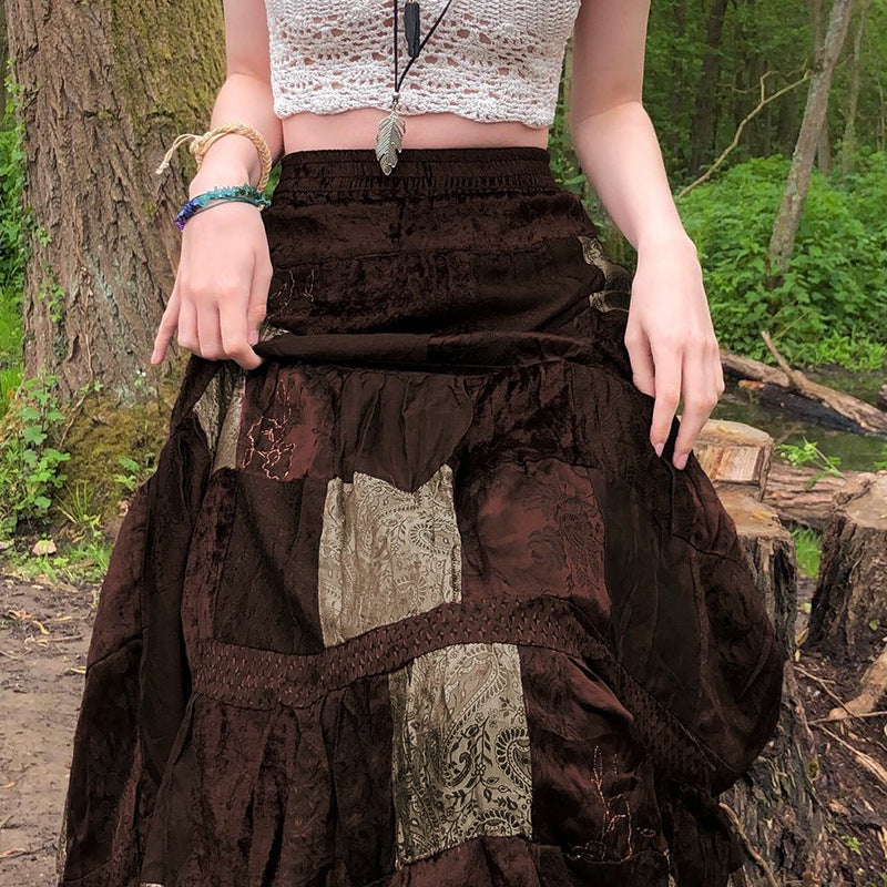 Women's Retro Big Swing Plaid Stitching Loose Velvet Over The Skirt
