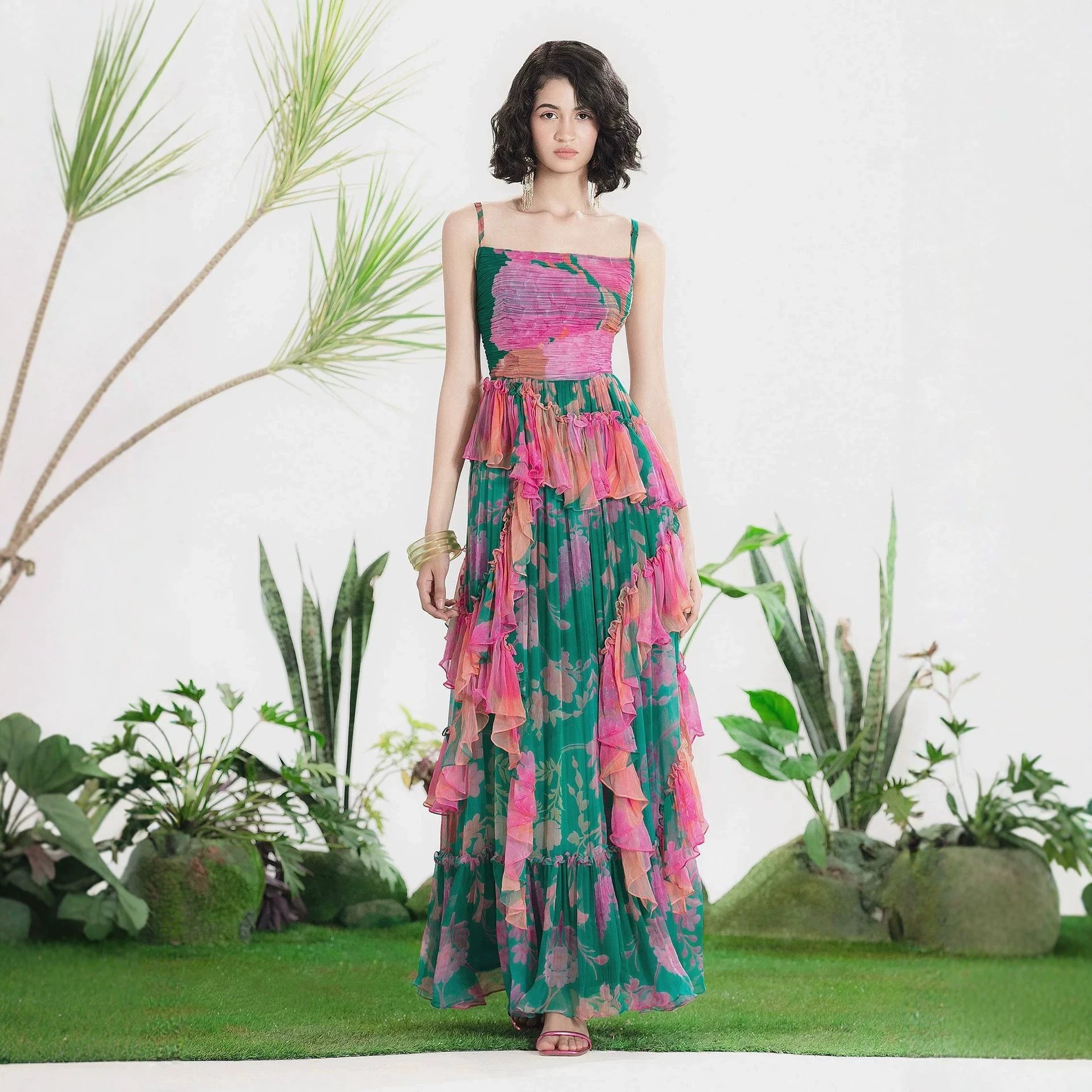 Women's Floral Print Pleated Maxi Dress
