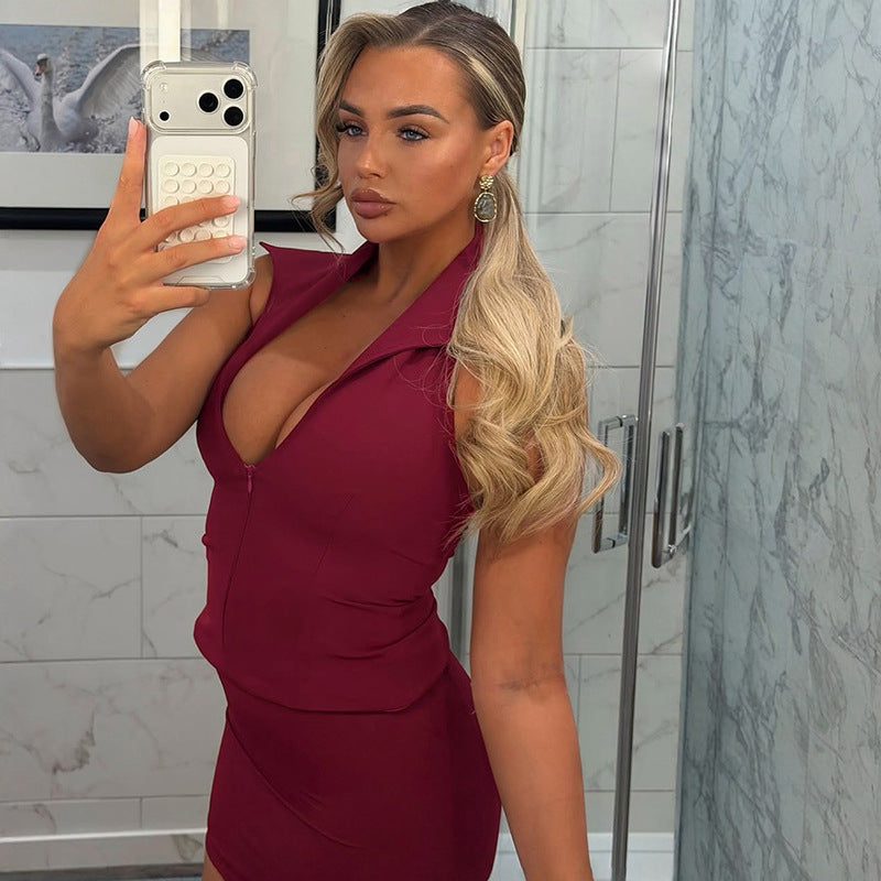Women Clothing Summer Solid Color Polo Collar SL Zipper Top