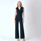 Elegant Slim V neck Sleeveless Wide Leg Pants Women Clothing Summer Black Professional Jumpsuit