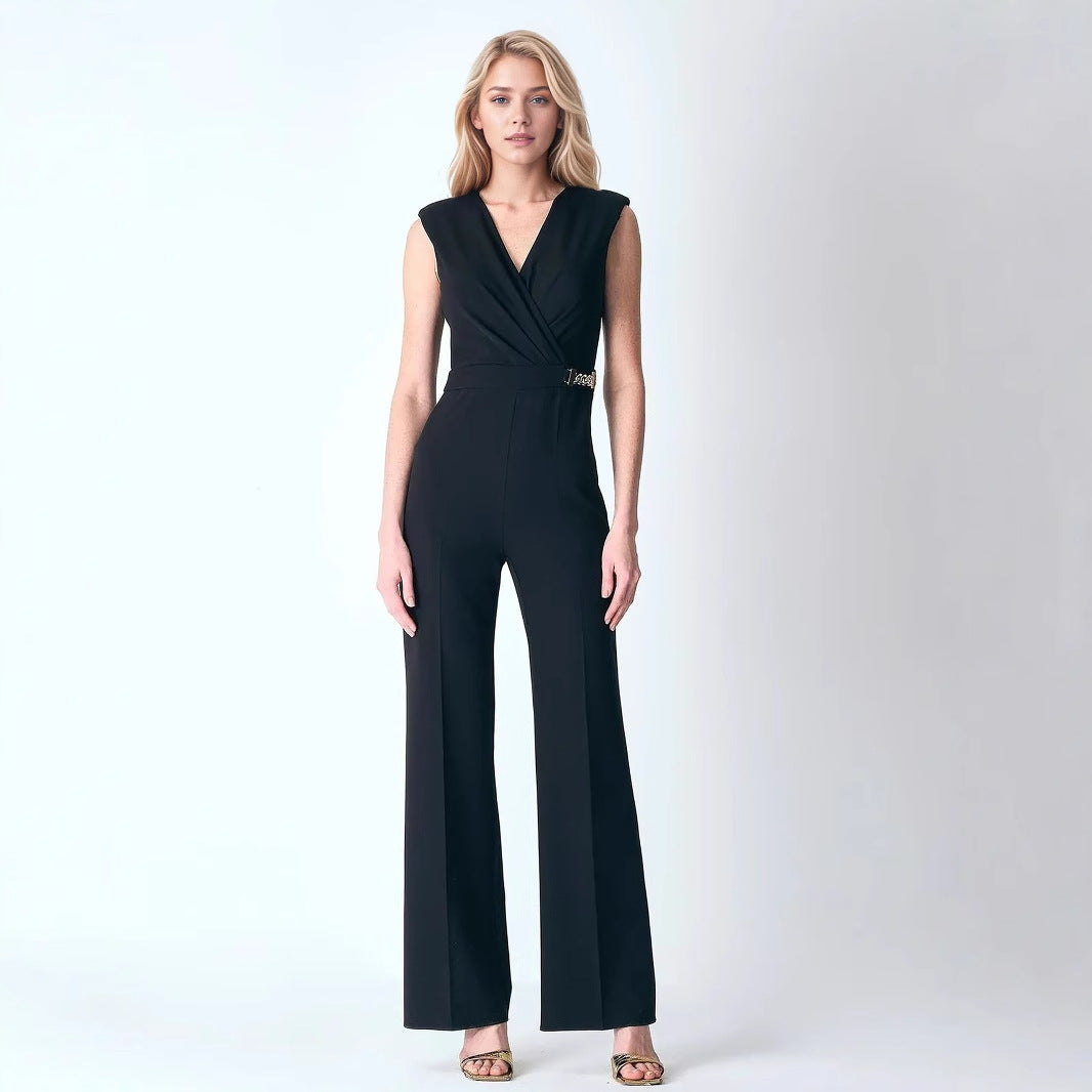 Elegant Slim V neck Sleeveless Wide Leg Pants Women Clothing Summer Black Professional Jumpsuit