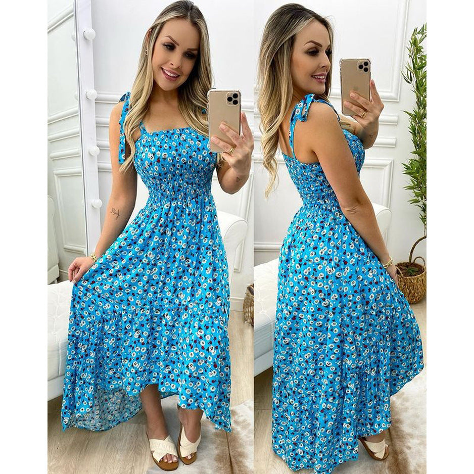 Women's Pleated Strap Floral Home Loose Lace up Large Swing Dress