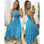 Women's Pleated Strap Floral Home Loose Lace up Large Swing Dress