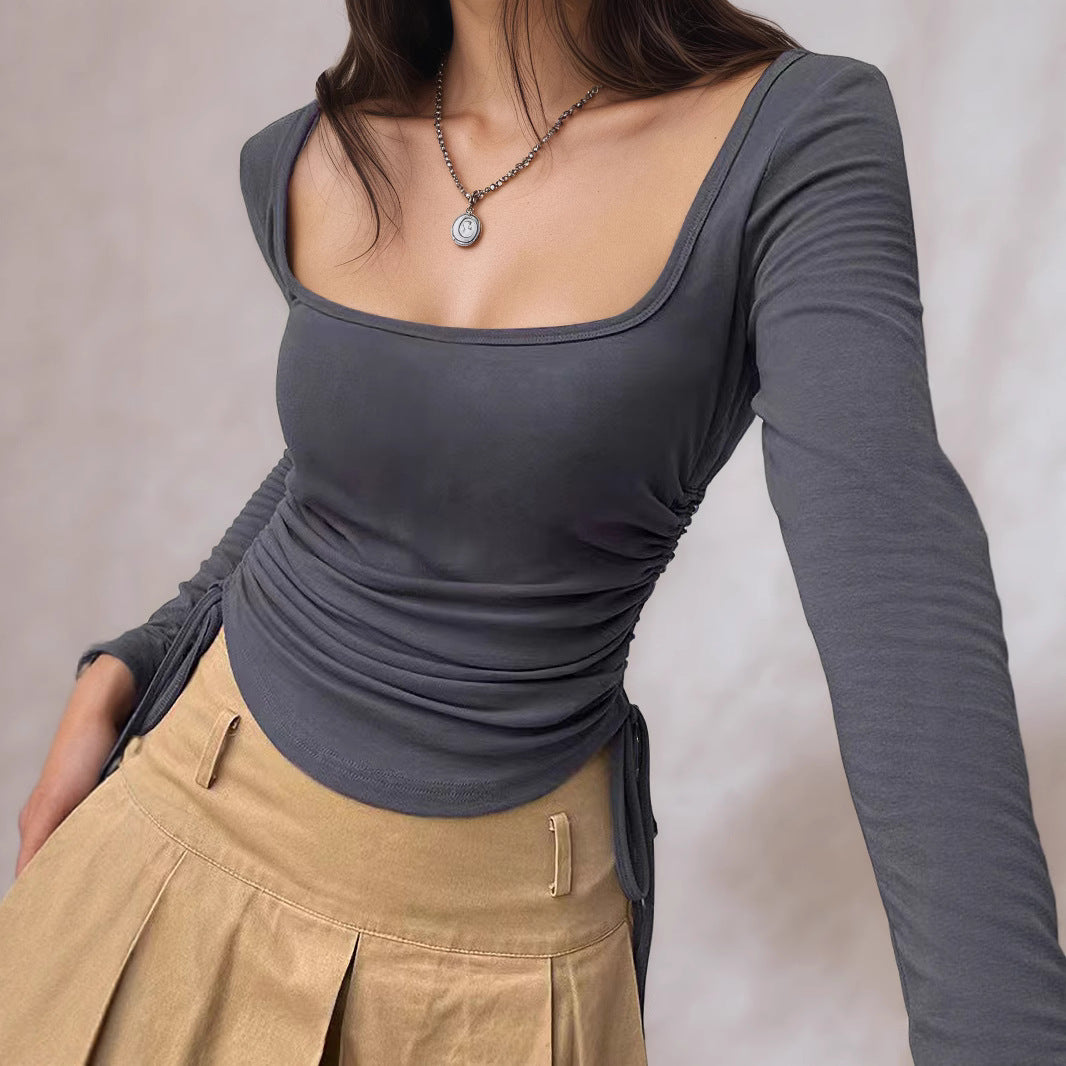 Women's Sexy Square Collar Long Sleeve T Shirt For Women Spring Autumn Slim Fit Drawstring Slimming Shoulder Top