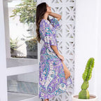 Summer Batwing Sleeve V neck Waist Slimming Maxi Dress Beach Holiday Dress