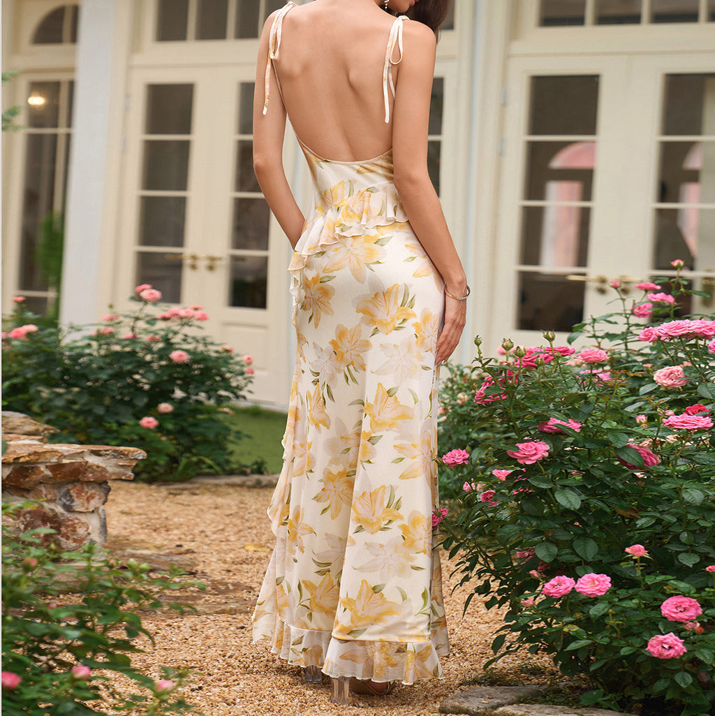 Women's Floral Halter Backless Ruffled Slit Maxi Dress