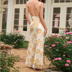 Women's Floral Halter Backless Ruffled Slit Maxi Dress