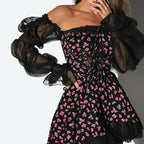 Floral Lace-Up Off-Shoulder Mini Dress
