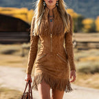 Women's Western Suede Tassel Long-Sleeve Dress