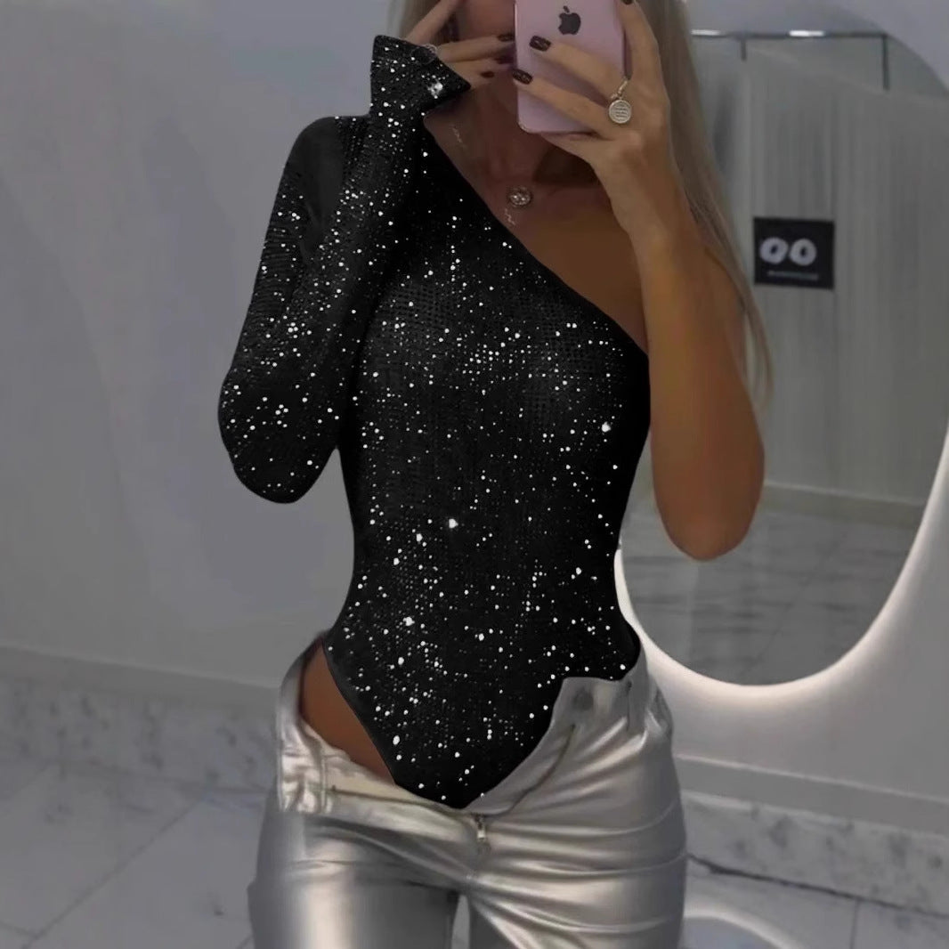 Women's One Shoulder Rhinestone Sequin Top
