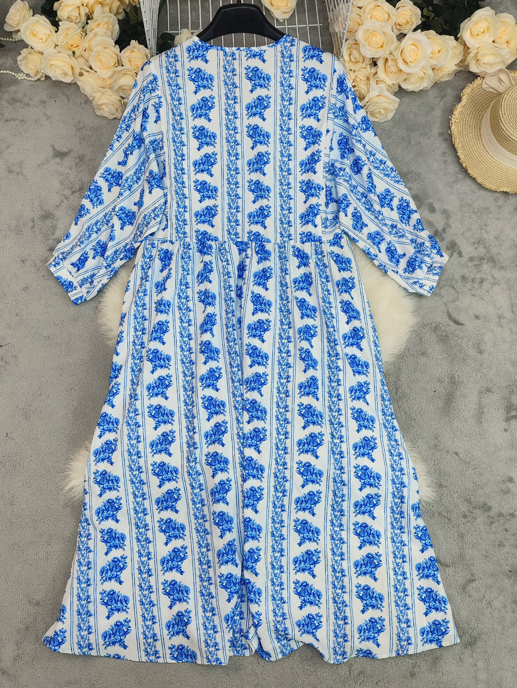 Summer Bohemian Printed Dress V Neck Long Sleeve Vacation Beach