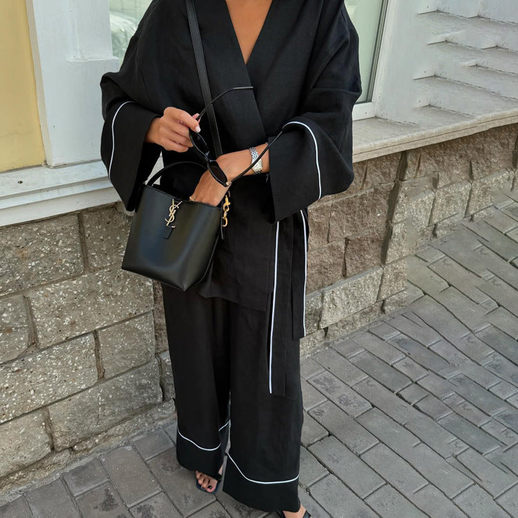 Lace-Up Cardigan Top & Trousers Set