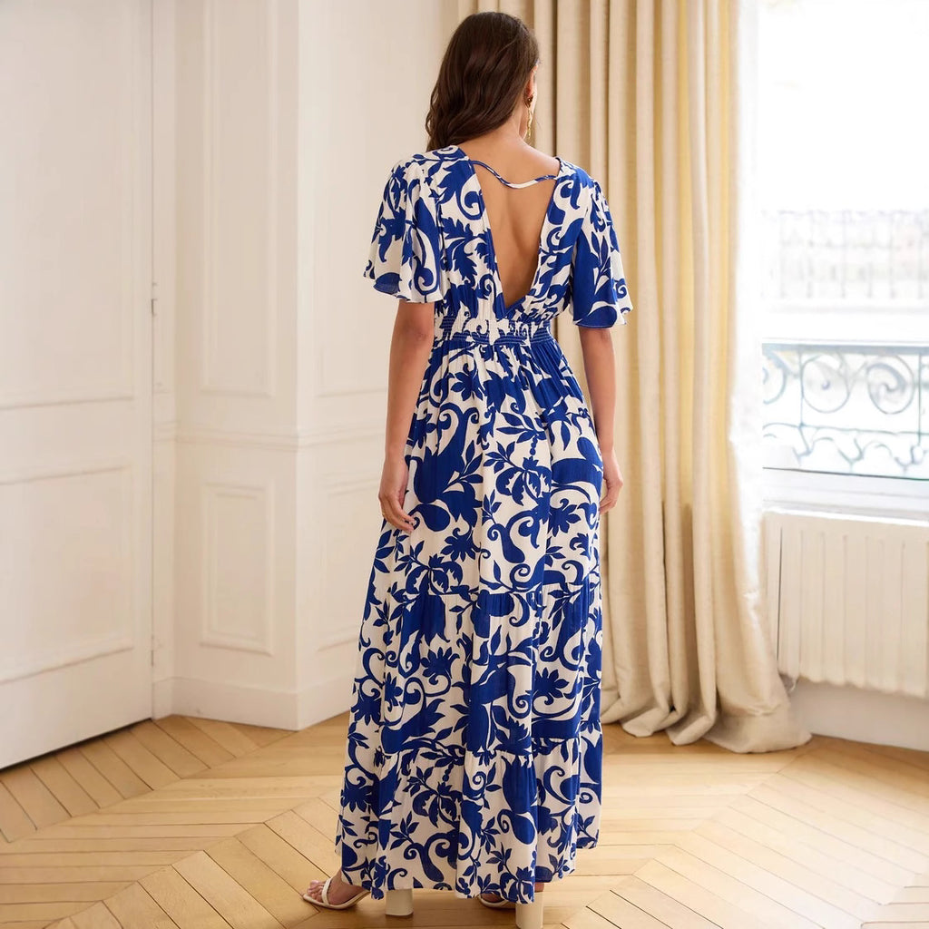 Women's Printed V-Neck Short-Sleeve Dress