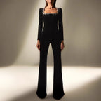 Diamond Velvet Square Collar Long Sleeve High Waist Slim Flared Jumpsuit