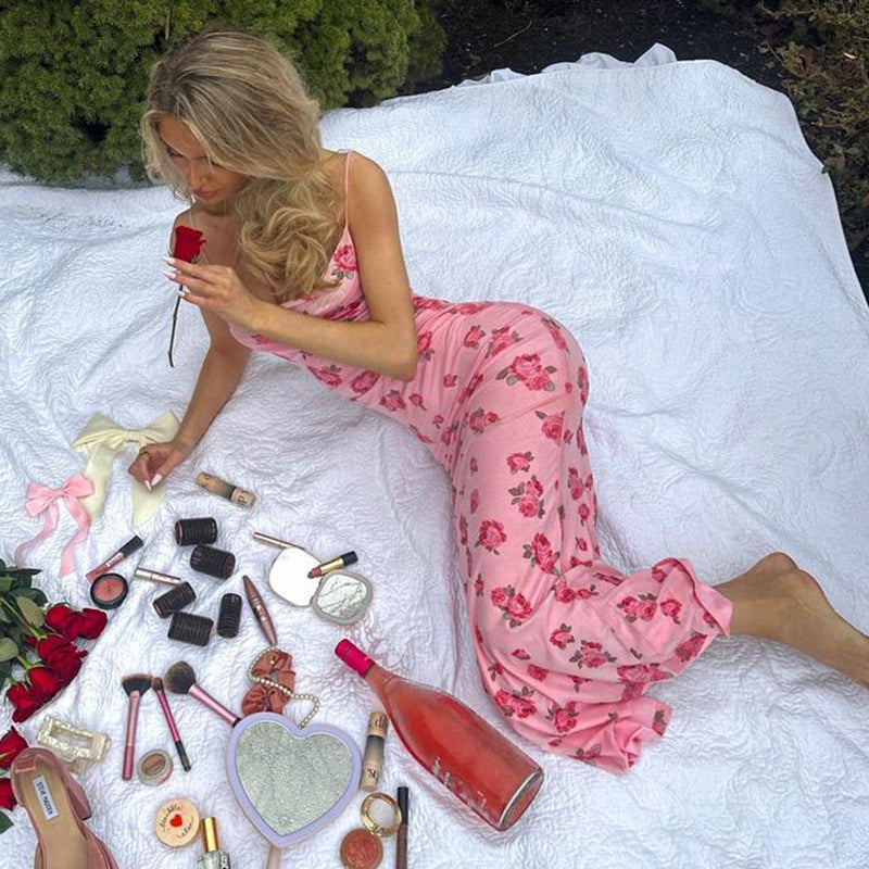 Pink Floral Slim Strap Dress