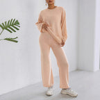 Loungewear Loose Comfort Casual Solid Color Long Sleeved Top Pullover Women Straight Leg Wide Leg Pants Two Piece Set