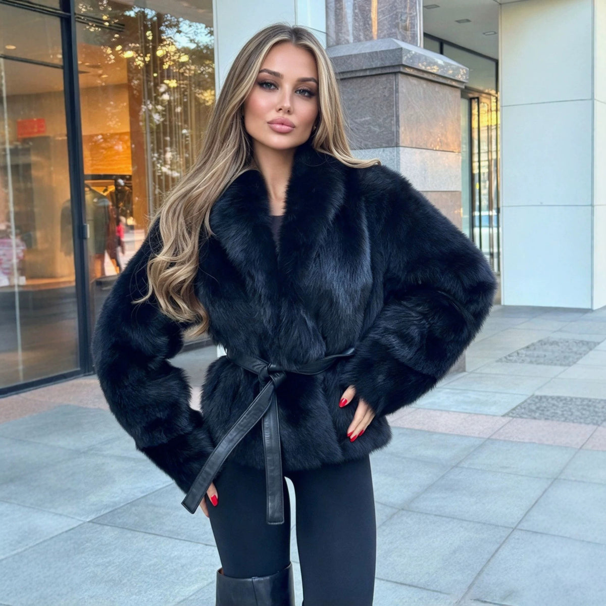 Women's Autumn Winter Environmental Protection Fur Coat Warm Collared Belt Fur Coat