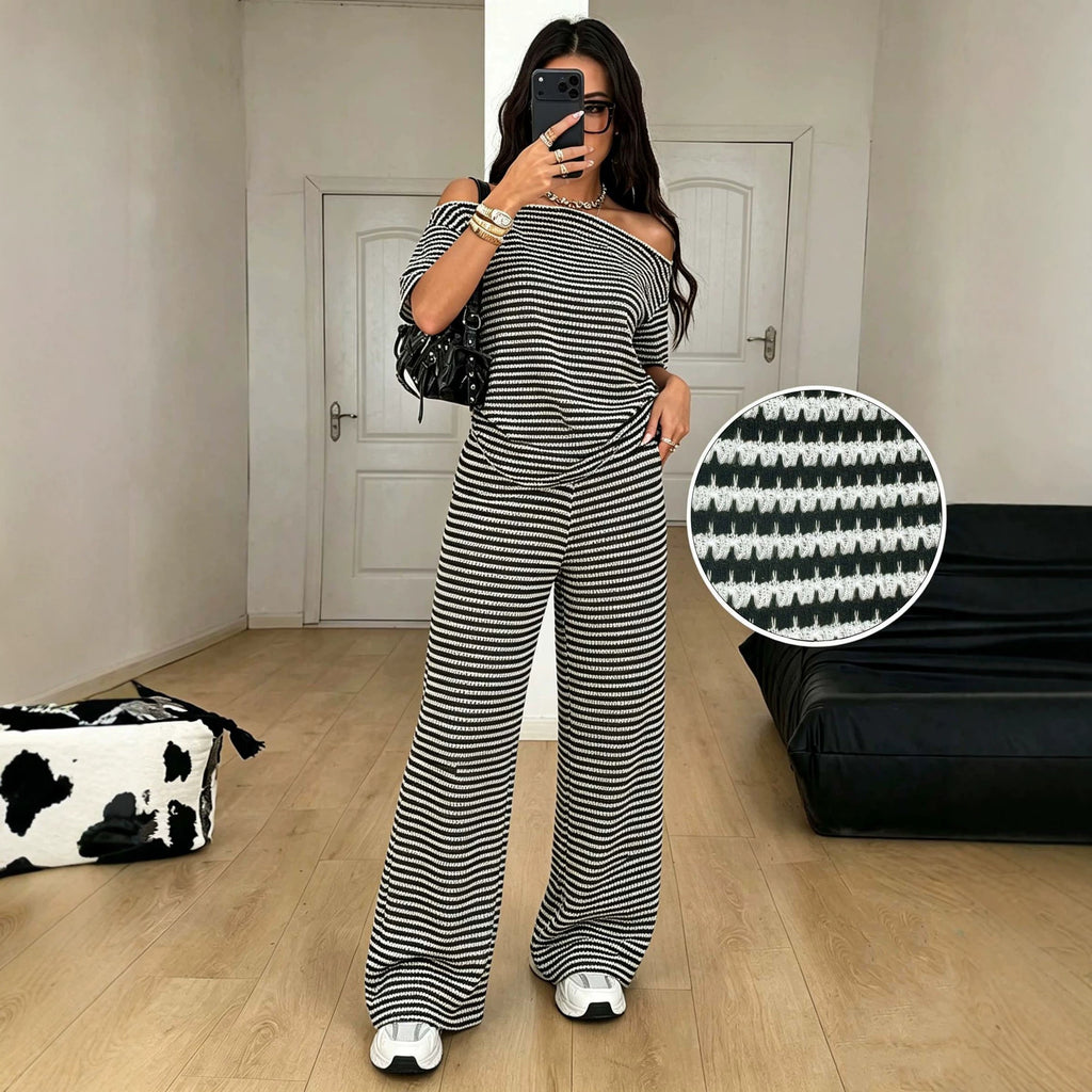 Black White Striped Sloping Shoulder off the Shoulder Short