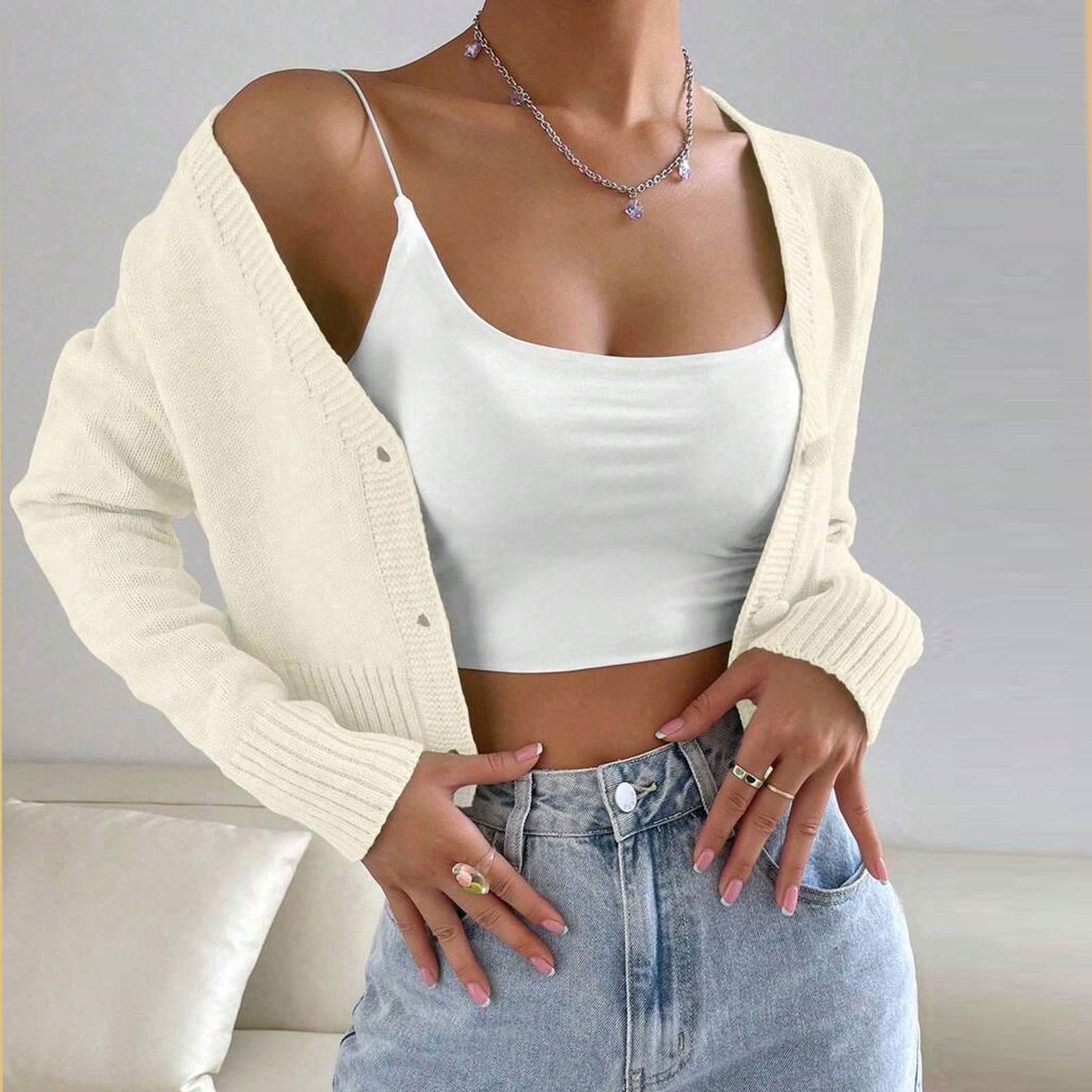 Fashionable Knitted Cardigan Women Spring Autumn round Neck
