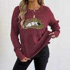 Women Clothing Platform Leopard Print Embroidered Sequ Personality Crew Neck Pullover Sweater