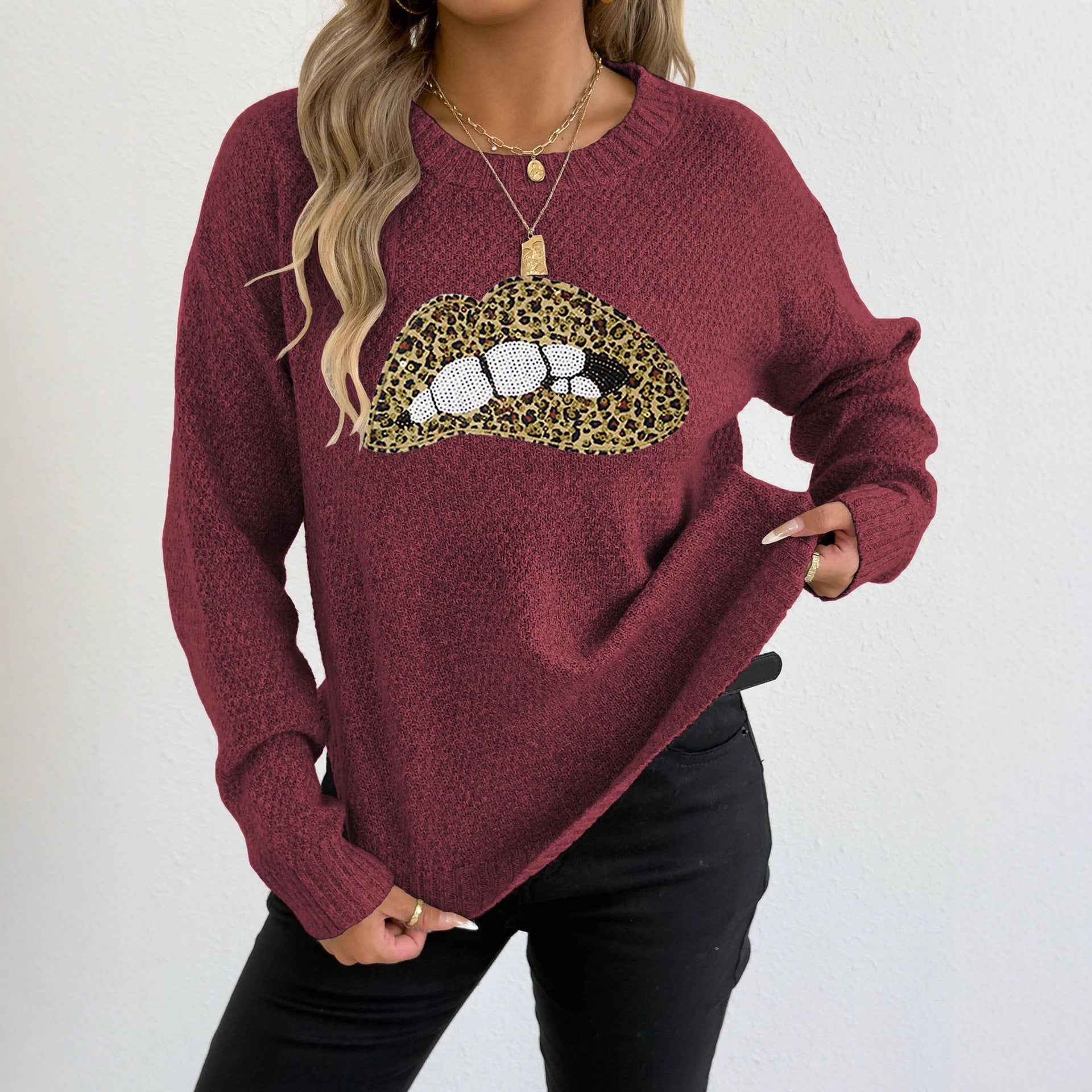 Women Clothing Platform Leopard Print Embroidered Sequ Personality Crew Neck Pullover Sweater